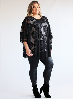 M-0004 - Burnout Roses Print Poncho 001 - Black