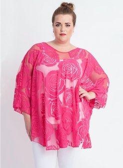 M-0004 - Burnout Roses Print Poncho 006 - Fuchsia