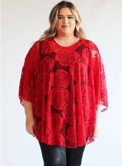 M-0004 - Burnout Roses Print Poncho 015 - Red