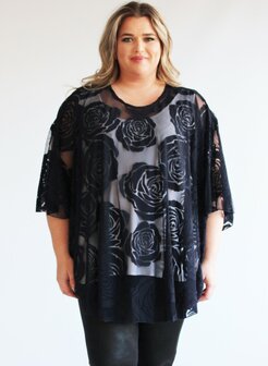 M-0004 - Burnout Roses Print Poncho 017 - Navy