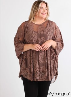 M-0004 - Burnout Roses Print Poncho 061 - Taupe